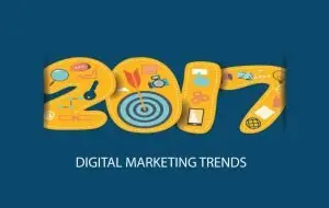 Orange numerals "2017" built from flat marketing icons — magnifier, dartboard, gears, megaphone — above the words "Digital Marketing Trends"