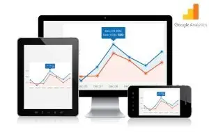 Monitor, tablet and smartphone all showing the same blue and red Google Analytics traffic chart, with the Google Analytics logo in the corner