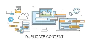 Flat line illustration of a desktop monitor, laptop, tablet and phone all showing the same page layout, captioned "Duplicate Content"