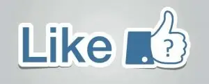 Facebook-style "Like" sticker with a blue thumbs-up on a grey background, with a question mark marked on the thumb