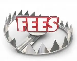 3D render of an open steel bear trap with the red word "Fees" resting on its plate against a white background