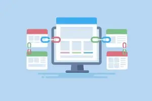 Flat illustration of a desktop monitor showing a webpage, joined by colored chain links to four smaller webpage cards on either side.