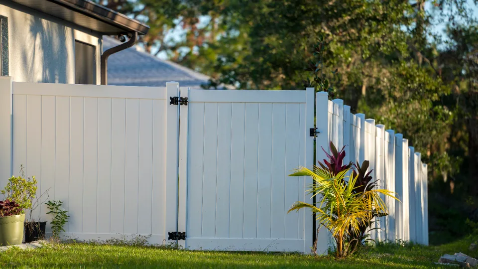 White vinyl privacy fence and gate along a landscaped backyard at golden hour