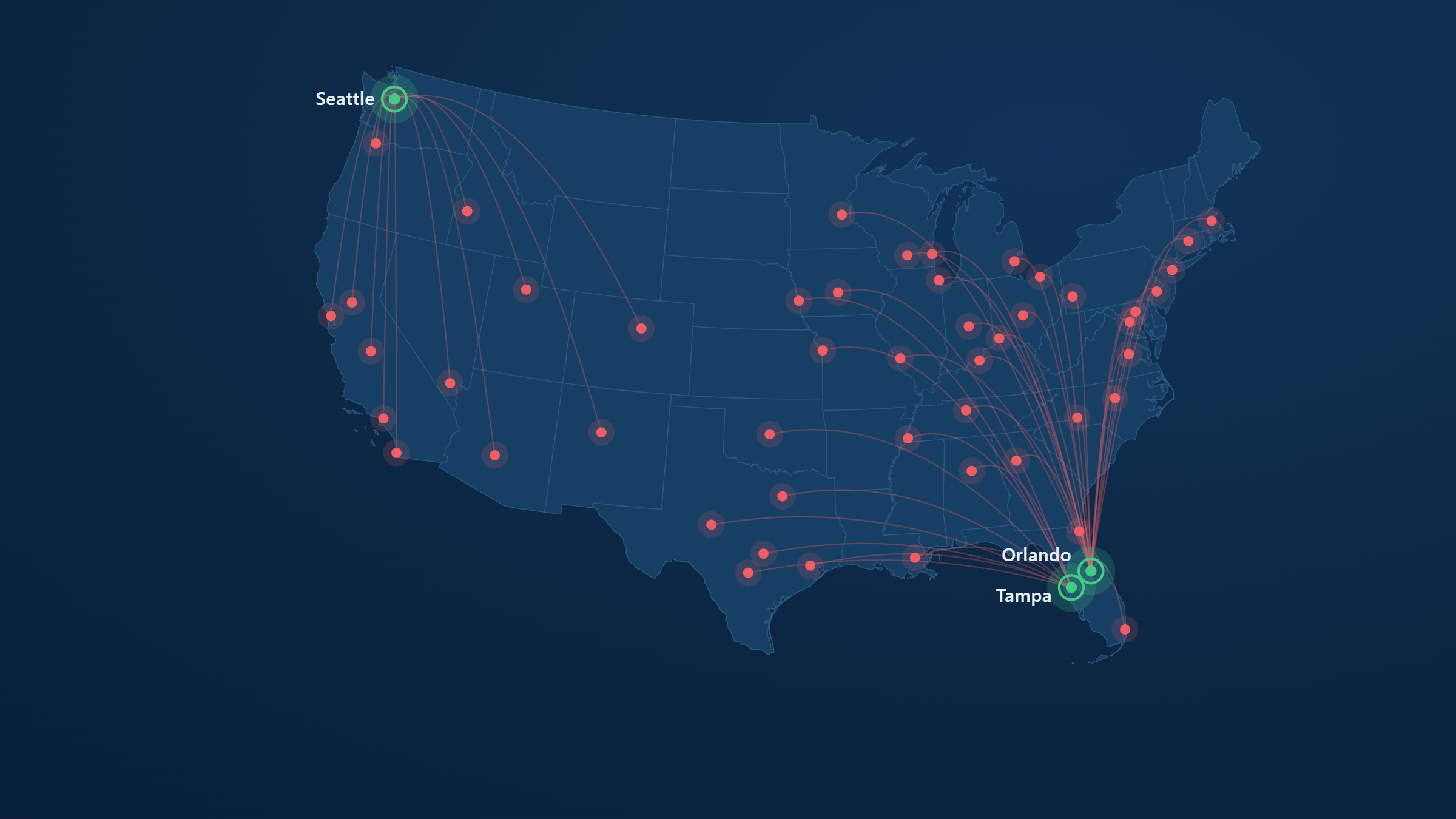 Map of the United States showing franchise locations as coral pins across major metros, with Actuate Media’s Seattle, Orlando, and Tampa offices marked and connected to each market
