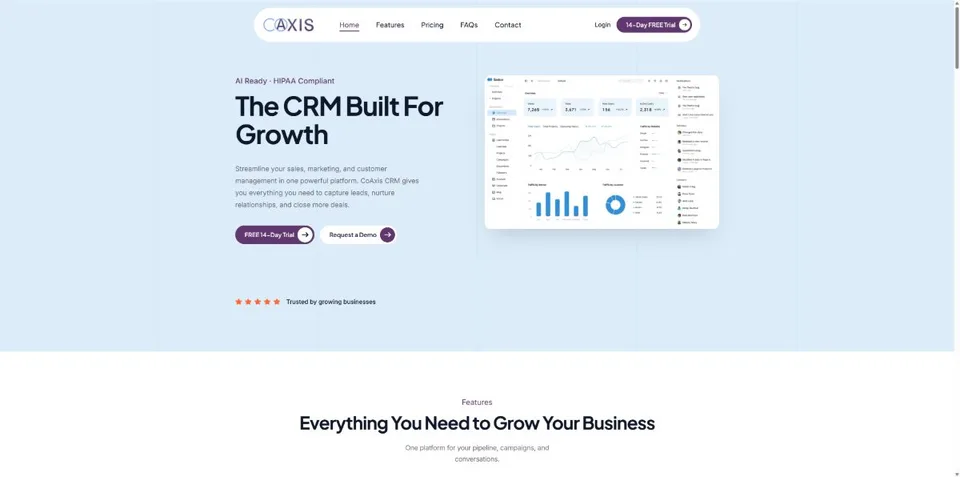 CoAxis CRM homepage with product dashboard screenshot