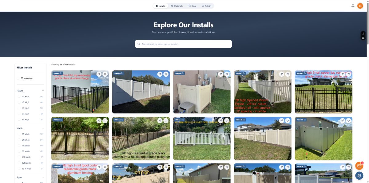 Client install portal we built — searchable gallery of 191 installations with filters, favorites, and admin roles (logo redacted)