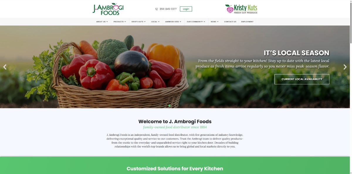 J. Ambrogi Foods homepage — fresh produce hero and product navigation