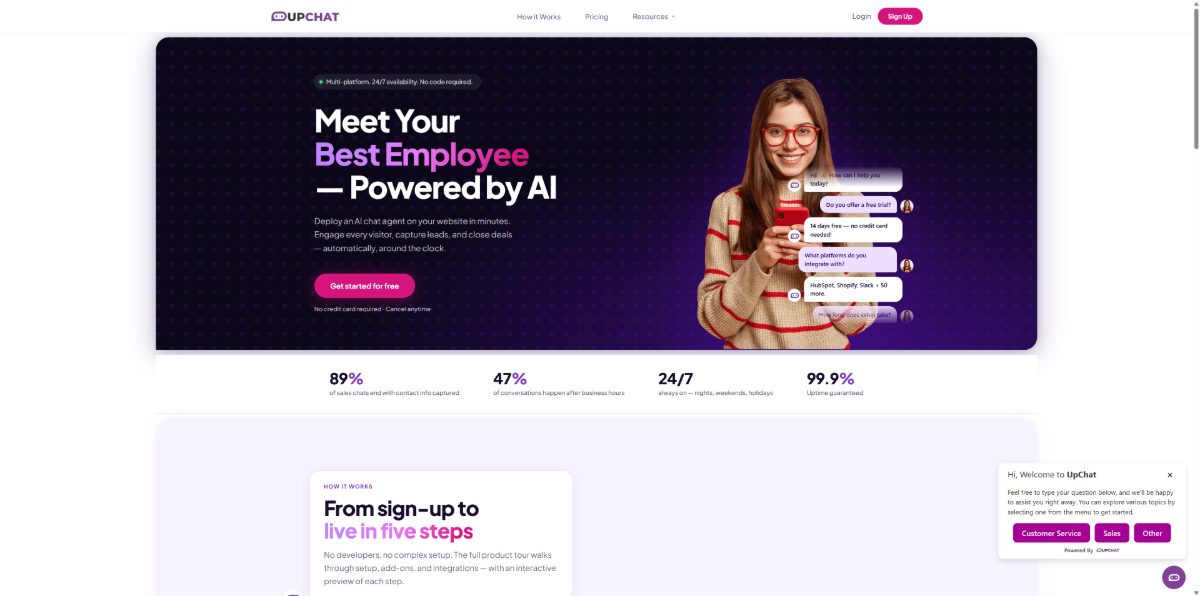 UpChat homepage — AI chat agent SaaS built and run by Actuate Media