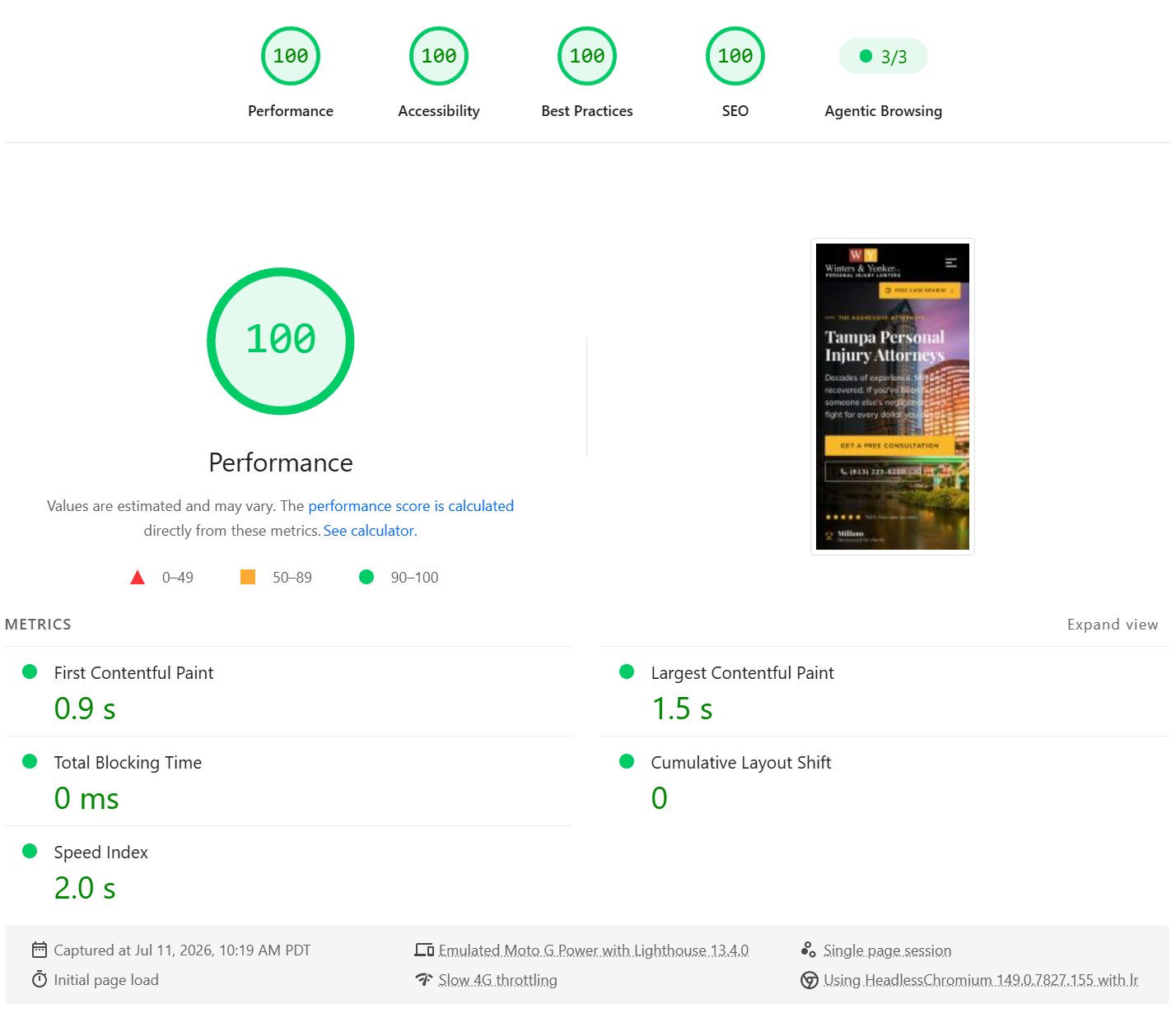 Real PageSpeed Insights mobile report: 100 for Performance, Accessibility, Best Practices, and SEO — 0.9s First Contentful Paint, 0ms Total Blocking Time, 0 Cumulative Layout Shift