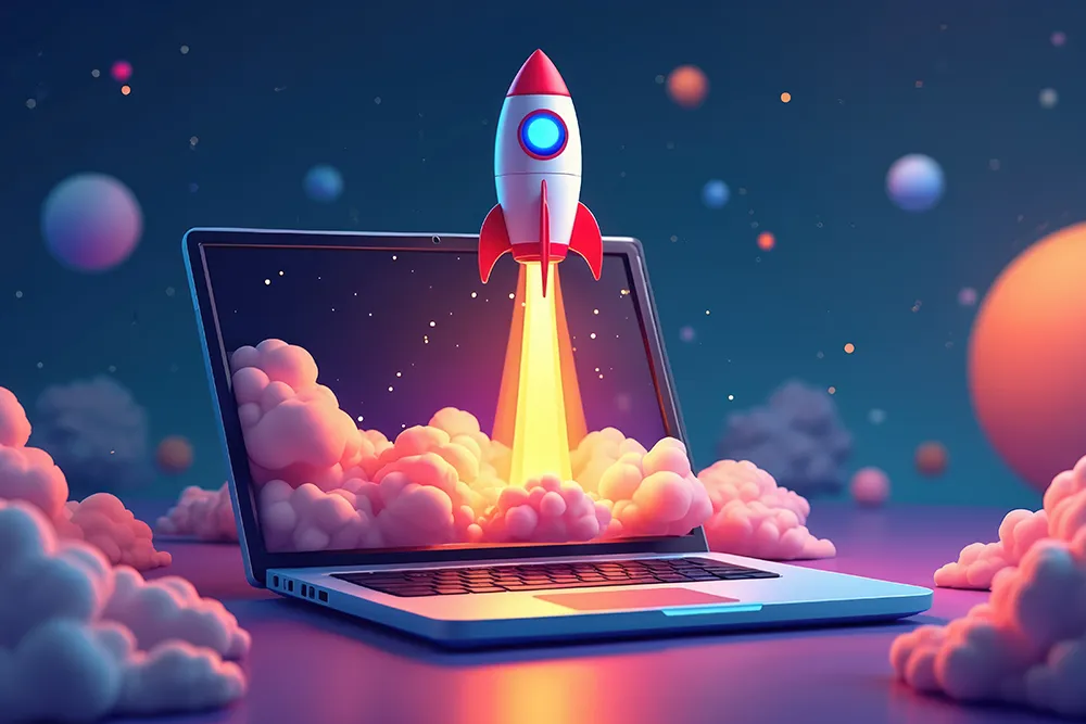 laptop screen with rocket launching
